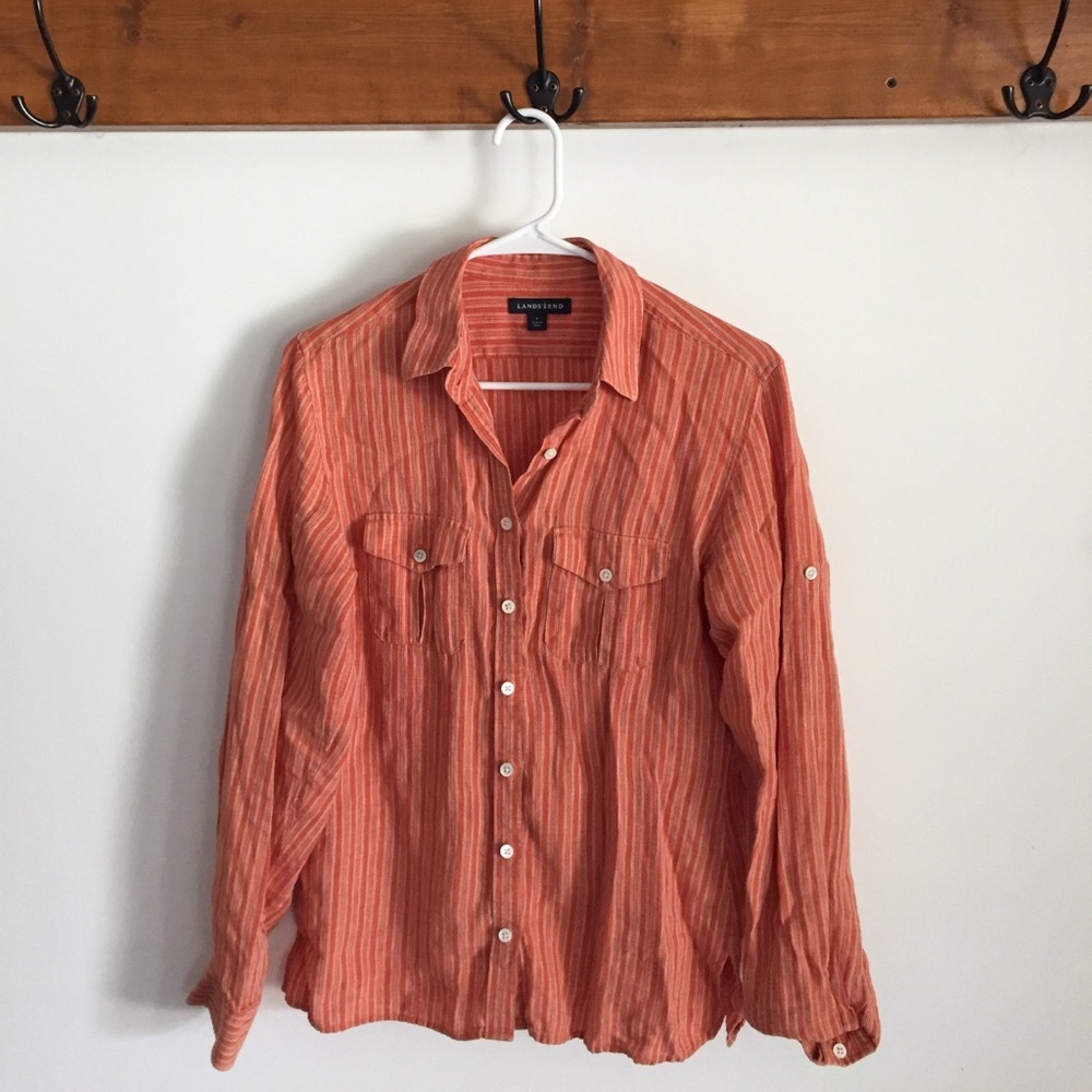 Lands End Orange Striped Button Down